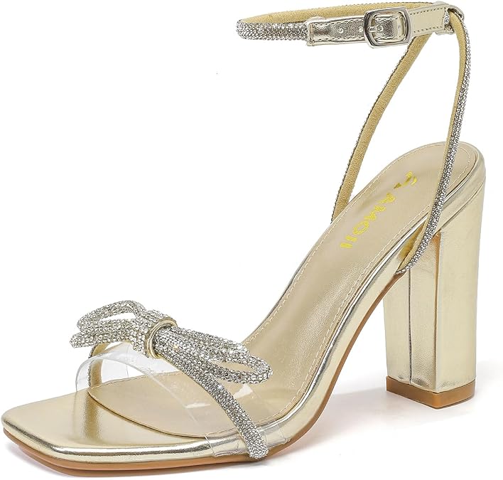 Amoji Women's 4 Inch Rhinestone Bowknots Block Heeled Crystal Sandal Ankle Strap Clear Heels 315