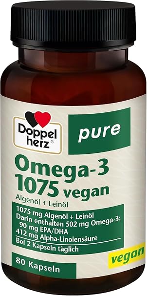 Doppelherz pure Omega-3 1075 vegan - algae oil and linolenic oil - alpha-linolenic acid contributes to the maintenance of normal cholesterol levels - 80 capsules