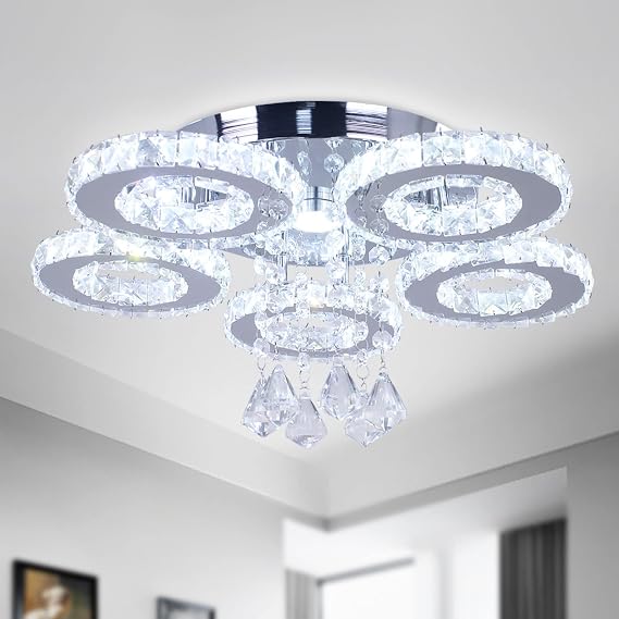5-Ring Crystal Ceiling Light LED Chandelier Cool White