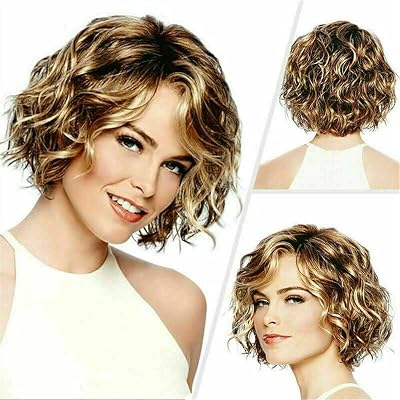 Short Wavy Curly Women Wigs with Bangs Blonde Bob Synthetic Cosplay Party Wig US for Daily Party Cosplay Wear