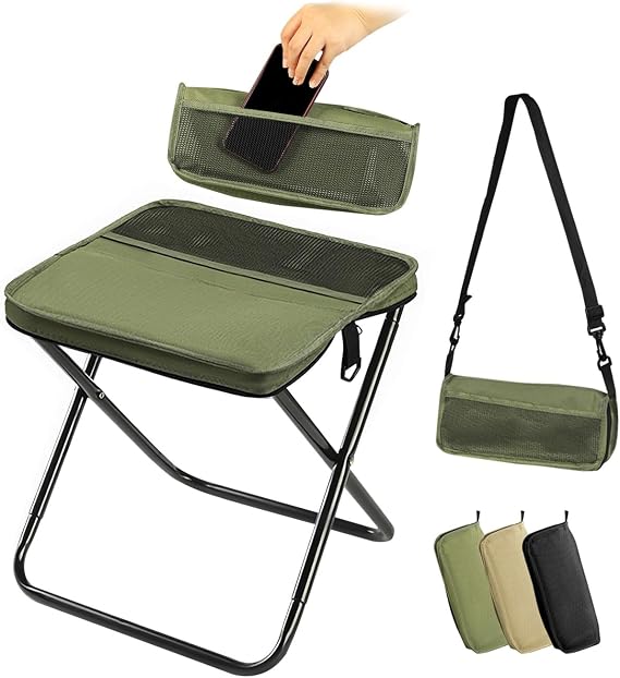 Portable Folding Stool, Outdoor Small Camping Stool Chair, Lightweight Foldable Stool with Carry Bag for Camping, Hiking, Fishing, Picnic, Travel(Green,Large)