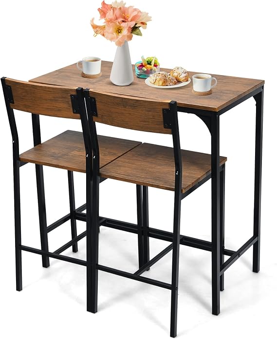 COSTWAY 3 Pieces Bar Table Set, Pub Table Set w/Heavy Duty Steel Frame