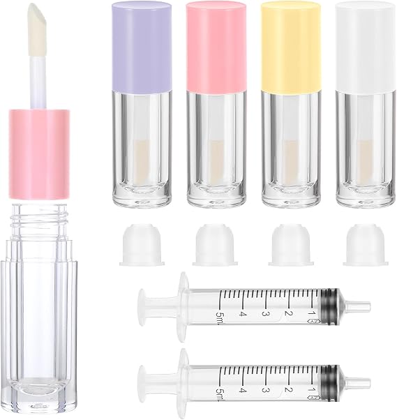 4Pcs Refillable Lip Balm Containers with Rubber Stoppers - 6ml Empty Lip Gloss Tubes with Wand for DIY Lipgloss (4 Colors)