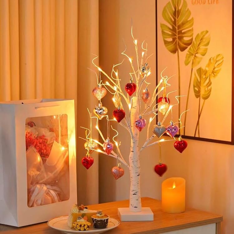 Lighted Birch Tree Valentines Day Decoration, 23.6in Valentine Trees with LED Lights and Heart Ornaments, USB Operated Valentine Table Decorations White Birch for Tabletop Centerpiece
