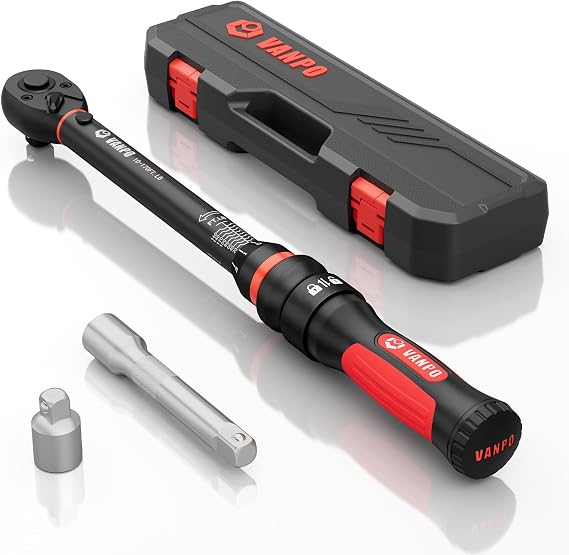 VANPO Torque Wrench 1/2-Inch Drive, 10-170.0ft.lb/13.60-230.5Nm,72 Tooth, TRP+ABS Plastic Handle, Click Torque Wrench with 1/2" to 3/8" Adapter & 125mm Extension Bar for Moto, Automotive Maintenance
