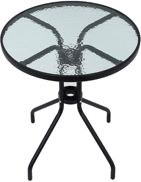 Patio Side Table Outdoor, 24in Outdoor Garden Pool Side Balcony Portable Coffee End Table for Porch, Yard, Camping, Picnics, Tempered Glass Top Metal Frame (Black -A)