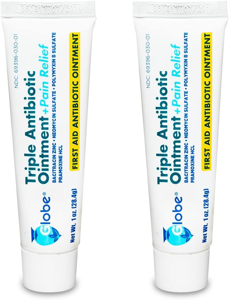 2 Pack Globe 1oz Triple Antibiotic Ointment  Pain Relief, Dual Action Maximum Strength First Aid Ointment Soothes and Heals Painful Minor Scratches and Wounds and Prevents Infection