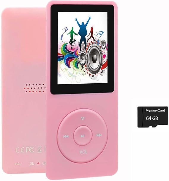 64GB MP3 Player with Speaker Earphones Portable Music Player for Kids Support Voice Recorder Photo Video E-Book, Pink