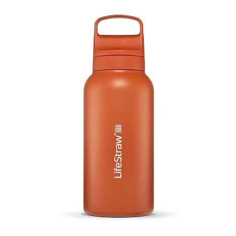 LifeStraw Go Series - Insulated Stainless Steel Water Filter Bottle for Travel and Daily Use - Removes Bacteria, Parasites, and Microplastics - Improves Taste - 1L - Kyoto Orange