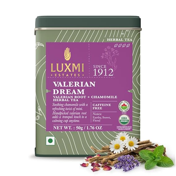 Luxmi Estates Organic Valerian Root, Chamomile, Lavender Loose Leaf Tea 50g/1.76oz (25 cups) for Sleep | Caffeine Free Wellness Sleep Tea