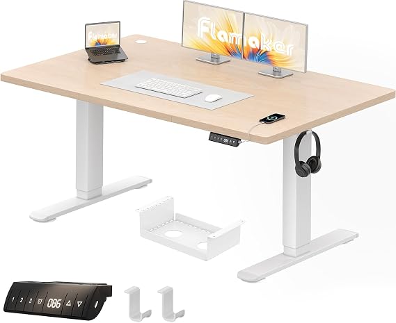 Flamaker Standing Desk 140 x 70 cm, Height-Adjustable Electric Desk with Memory Function, Computer Desk with Cable Management, Electric Standing Desk, Home Office Desk, Beige