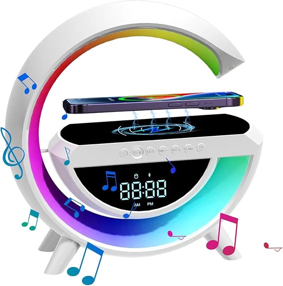 Wireless Charger Table Lamp | LED G Night Ambient Light | Wireless Speaker with Music Sync & Sunrise Alarm Clock | Timer Alarm Clock Charger Stand Color Changing Music Lamp