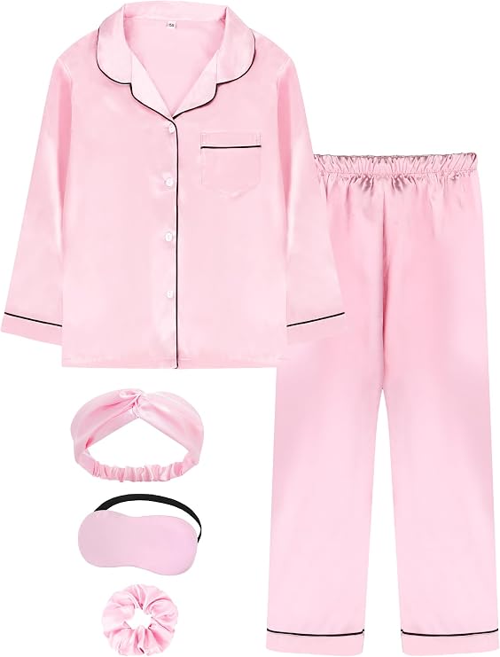 EPLAZA Kids Satin Pajamas Sets Girls Boys Button-Down Silky Pajamas Sleepwear with Hairband Eye Mask Hair Tie