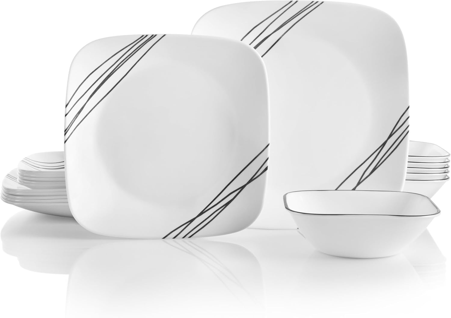 Corelle Vitrelle 18-Piece Service, 6-Piece Flatware Set, 3-Layer Glass and Chip Resistant, Lightweight Square Plate and Bowl Set, Simple Sketch