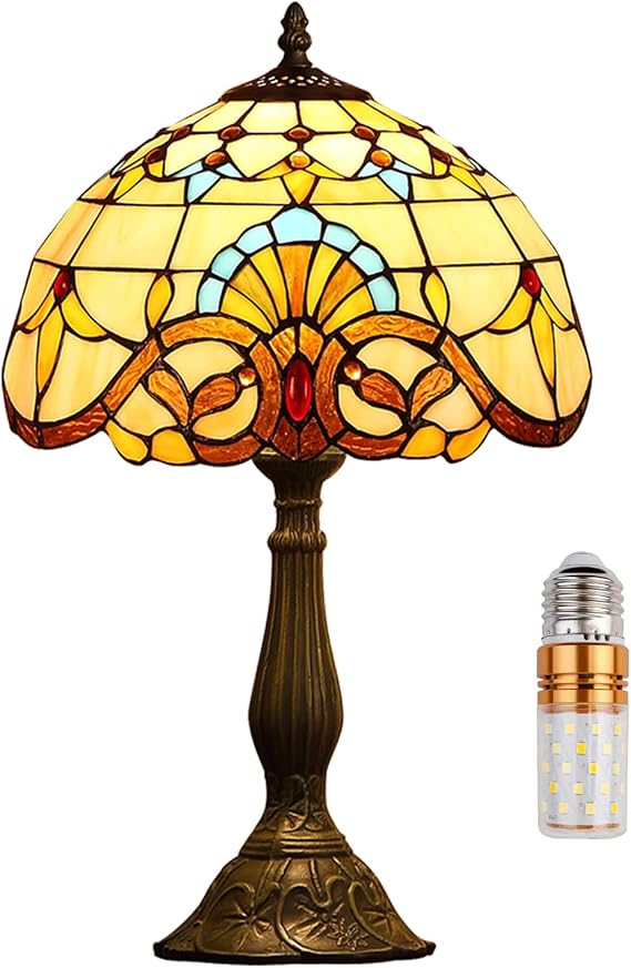 Table Lamp in Tiffany Style Vintage Bedside Lamp Bedroom Decorative Lamp Art Nouveau Art Deco Table Lamp Colourful Glass Baroque Lampshade 30 cm / 12 Inches with E27 Bulb [Energy Class E]
