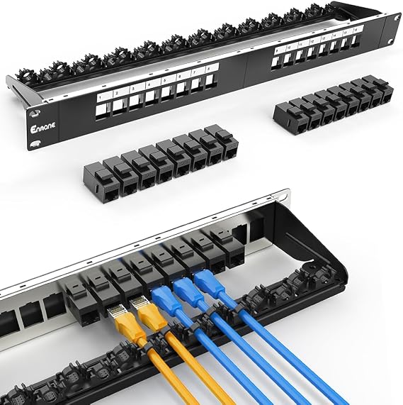 16 Port Patch Panel Cat6 Keystone RJ45 Patch Panel (EC Listed) UTP 1U Network Patch Panel with Smart Cable Management for 19inch Rackmount