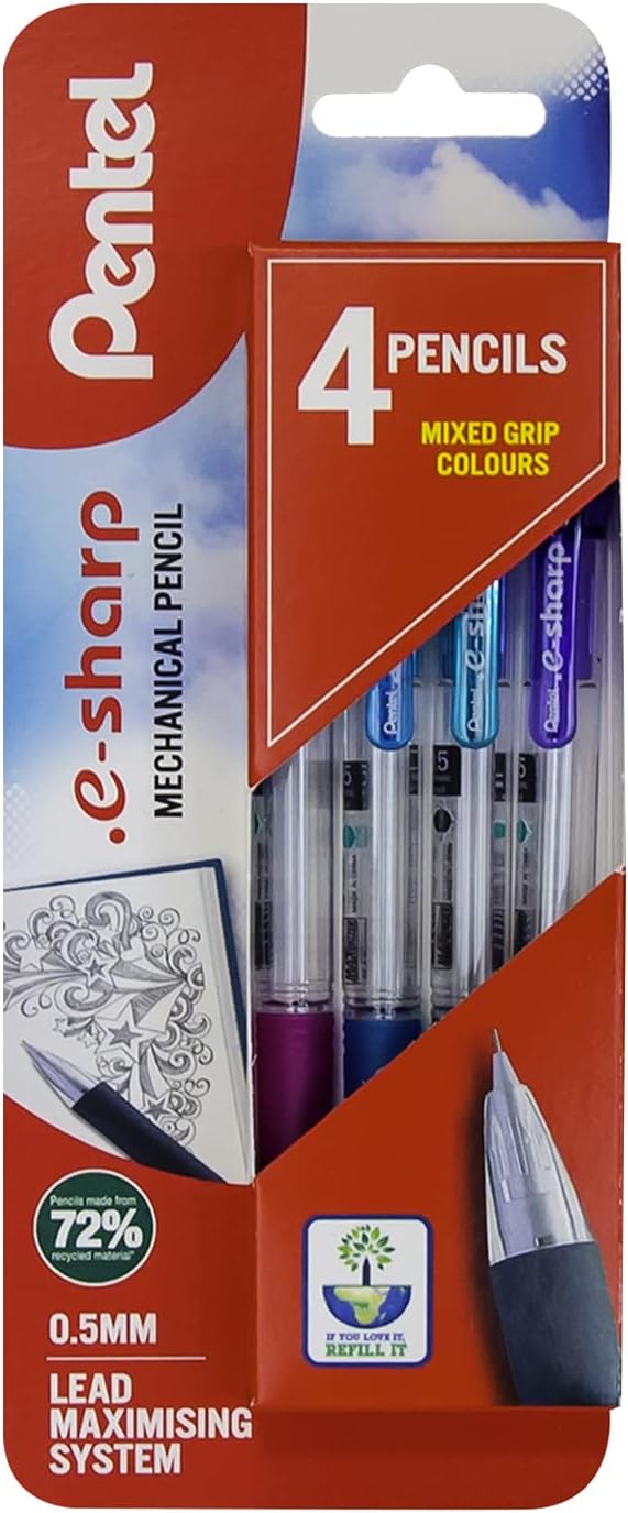 Pentel E-Sharp mechanical pencil, Assorted colours, 1 blister of 4 pencils multi-coloured XAZ1254-M