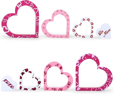 Wooden Valentines Day Decor - 4 PCS Double-Sided Heart-Shaped Signs for Valentine, Valentines Day Decorations for Home, Office, Bedroom, Table, Tiered Tray, Mantel, Valentine Gifts