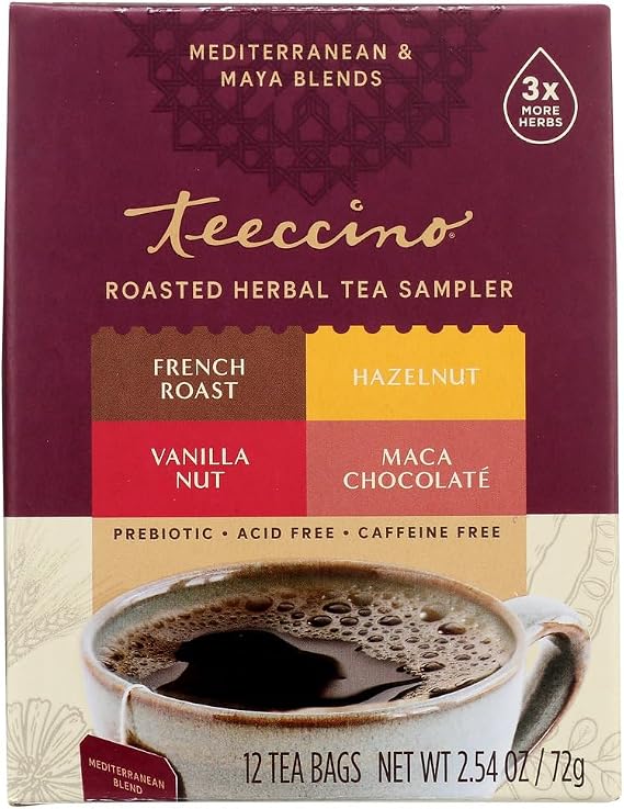 Teeccino Chicory Roasted Herbal Tea Sampler Pack (French Roast, Hazelnut, Vanilla Nut and Chocolate), Caffeine Free, 12 Tea Bags (Pack of 2)