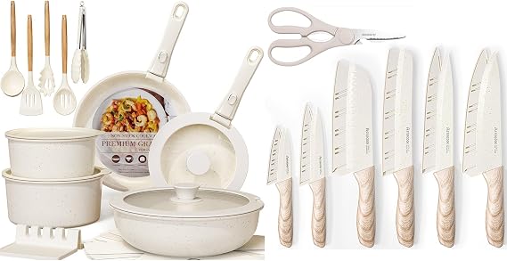 Astercook 34 Pcs Pots and Pans Set Non Stick,Ceramic Cookware Set Detachable Handle, with Kitchen Knives Set