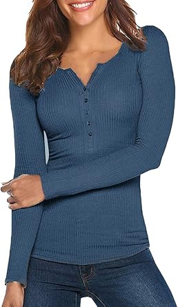 Tobrief Womens Henley Shirts Long Sleeve V Neck Ribbed Button Down Knit Sweater Fitted Tops