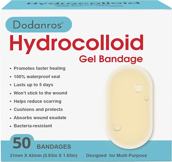 Dodanros Advanced Fast Healing Hydrocolloid Gel Bandages, Adhesive Wound Care Pads, 0.83 x 1.65 in, 50 Count