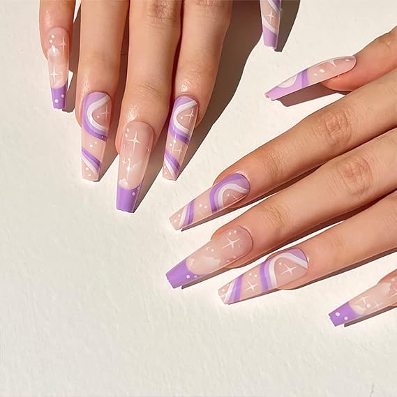 24 Pcs Long Coffin Press on Nails Purple line ballerina fake nails Purple Geometric Lines Exquisite Design for Women and Girls