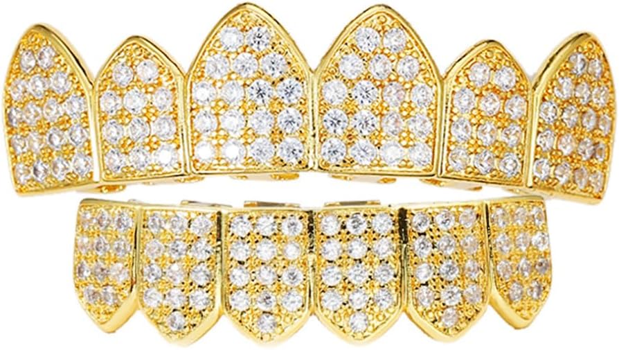 HH BLING EMPIRE Iced Out Diamond Teeth Grillz for Men Women, Hip Hop Silver Grills for your teeth Top and Bottom, Rapper Costume Mouth Grillz with Silicone Molding Bars