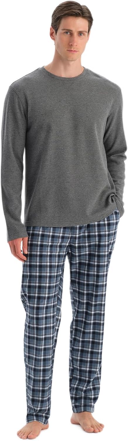 Waffle T-Shirt Trousers Pajama Set with Mountain Mens Sewing Detail, Knitted, Thermal