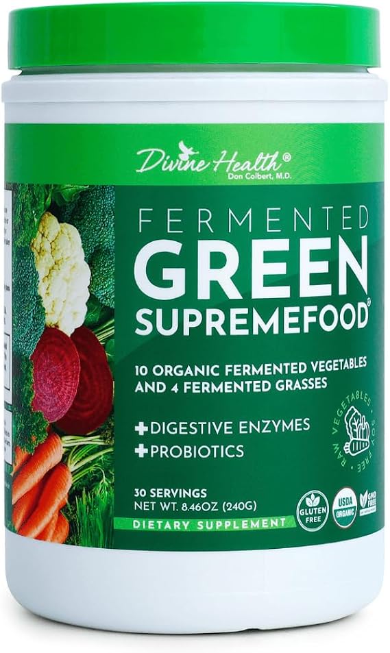 Dr. Colbert, MD Fermented Green Supremefood | by Divine Health | 14 USDA Organic & Fermented Vegetables and Grasses | Probiotics | Enzymes | Apple Cinnamon Flavor | 30 Servings | 240g