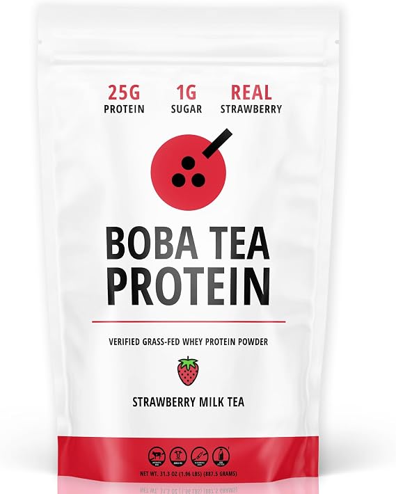 Strawberry Milk Tea | 25g Grass-Fed Whey Protein Isolate Powder | Gluten-Free & Soy-Free Bubble Tea Protein Drink | Real Ingredients & Lactose-Free Protein Drink | 25 Servings
