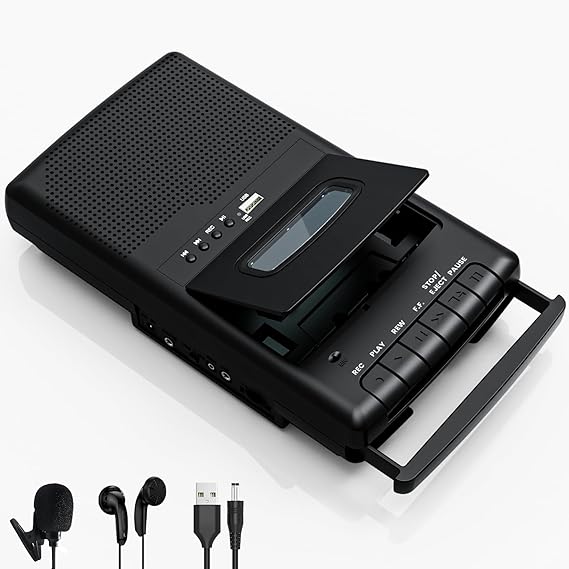 Portable Tape USB Player with Stand-Alone Mic, Cassette Players Recorder, Cassettes Tape Digital Converter to USB Flash Disk, Built-in Speaker, Retractable Handle, One-Touch Recording