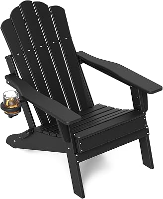 FOOWIN HDPE Adjustable Adirondack Chair, 400lbs Heavy Duty Folding Patio Chair with Cup Holder, 3-Position Reclining Fire Pit Seating, All-Weather Poly Lumber for Backyard, Deck - Black