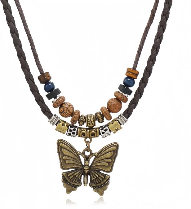 Boho Necklace for Women,Vintage Butterfly Pendant Necklaces,Adjustable Wooden Beads Layered Braided Choker,Fashion Tribal Style Leather Rope Jewelry,Chunky Statement Gift