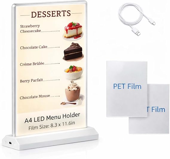 A4 Desktop Rechargeable LED Menu Sign Holder, Advertising light box, Lightup Poster Frame. Charged via USB-C, Durable Light up Menu Holder for Restaurants, Bars, Hotels, Stores and Events.