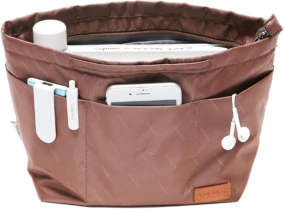 iN. Purse organiser insert with zip, nylon fabric storage bag with handles, for women's handbags and tote bags, neverfull, lightweight large sized brown.