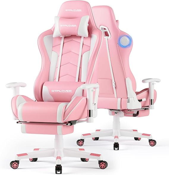 GTPLAYER Gaming Chair,Gamer Chair with Bluetooth and Adjustable Backrest,Seat Height Adjustable Computer Chairs with 3D Armrests,Video Game Chair with Footrest Speakers (Pink)
