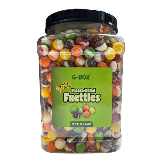 G-BOX 25 OZ Sour Freeze Dried Candy Frettles, Premium USA Made Delightful Crunchy Fruity Flavorful Burst, TikTok Trend Items, Freeze Dried Skittles, Air-tight Sealed in a Grip Jar