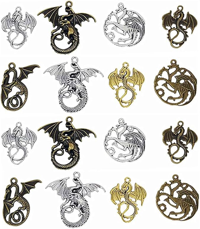 Flying Dragon Charm,Tarrasque Infernal Demon Fire Dragon Totem Charm Pendant Bead Connector for DIY Jewelry Making Findings(16pcs,Silver Bronze and Gold Tones)