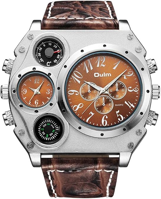 Oulm 1349 Mens Watch Analog Dark Brown Leather Strap 4 Sub-dials