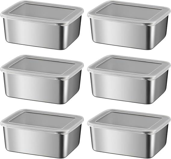 6Pcs Stainless Steel Food Containers with Lids, 400Ml Salad Lunch Box, Silver Cheese Storage for Fridge, Meal Prep Freezer Food Container for Families Restaurant