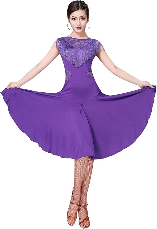 Z&X Ballroom Dance Dresses for Women Fringed Lace Back Salsa Latin Dance Dress with Shorts (5 Colors)