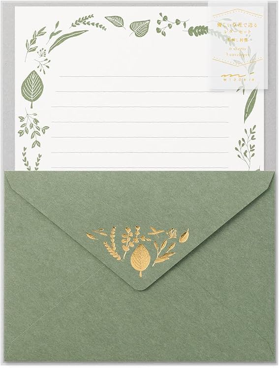 Midori 86507006 Letter Set Foil Stamped Envelopes, Leaf Pattern