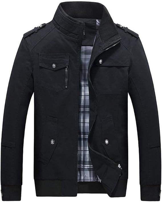 Men`s Classic Stand Collar Zipper Cotton Bomber Jacket with Shoulder Straps Black 2XL