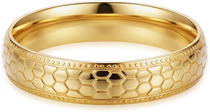 4mm 18K Gold Plated Honeycomb Pattern Ring Textured Geometric Band, Stackable Minimalist Design Non Tarnish for Women