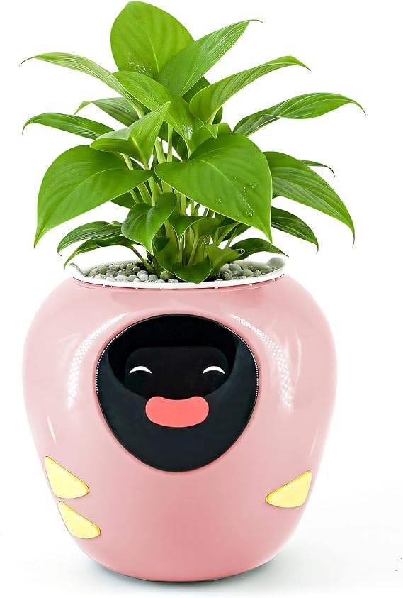 Masdio Plantbot Upgraded Large Smart Flower Pot Pet Planter Robot with Artificial Intelligence, Time Temperature Display, and Numerous Expressive Animations Based, for Indoor Decoration, Gifts (Pink)