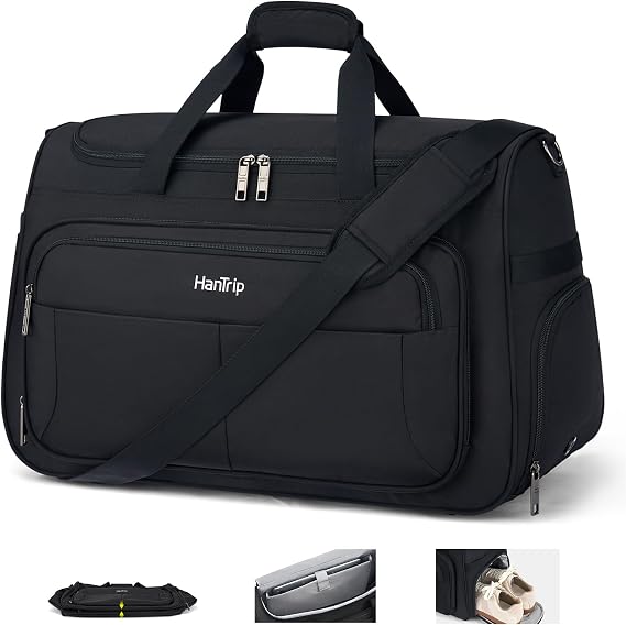 HanTrip 21 Inch Carry On Duffel Bag Foldable Overnight Tote Bags, Black