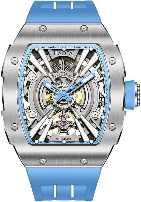 Haofa Automatic Mechanical Mens Watch Tonneau Skeleton Luminous Self-Winding Watch Stainless Steel Case Sapphire Fashion Personality Sports Wrist Watch for Men 1907
