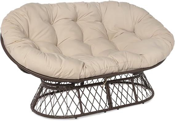 Milliard Double Papasan Chair Loveseat with Beige Cushion and Brown Frame for Indoor and Outdoor Use
