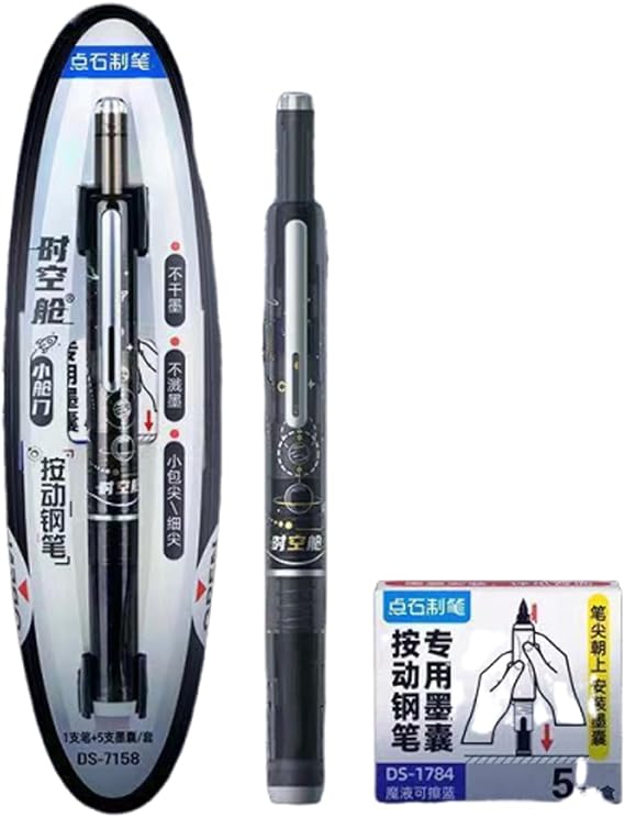 Clictek Retractable Fountain Pen, Medium Point, Accurate Writing, Blue Ink, Retractable Fountain Pen, Accurate Writing, Black, Erasable Blue 1+5
